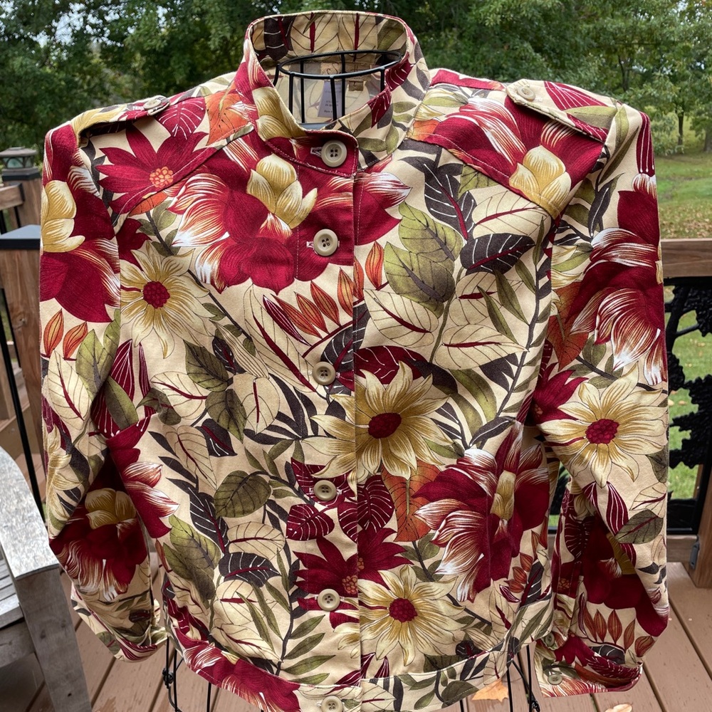 Women's Suzette Fall Floral Cotton Spandex Jacket Large Tan Burgundy Green